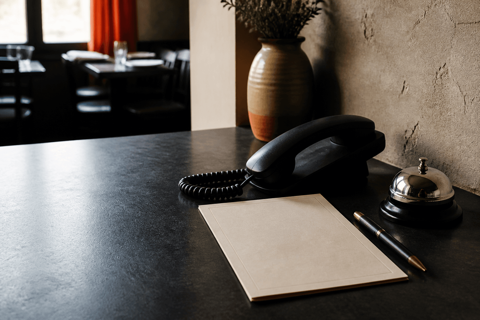 A close editorial view of a restaurant phone and order details at the service counter