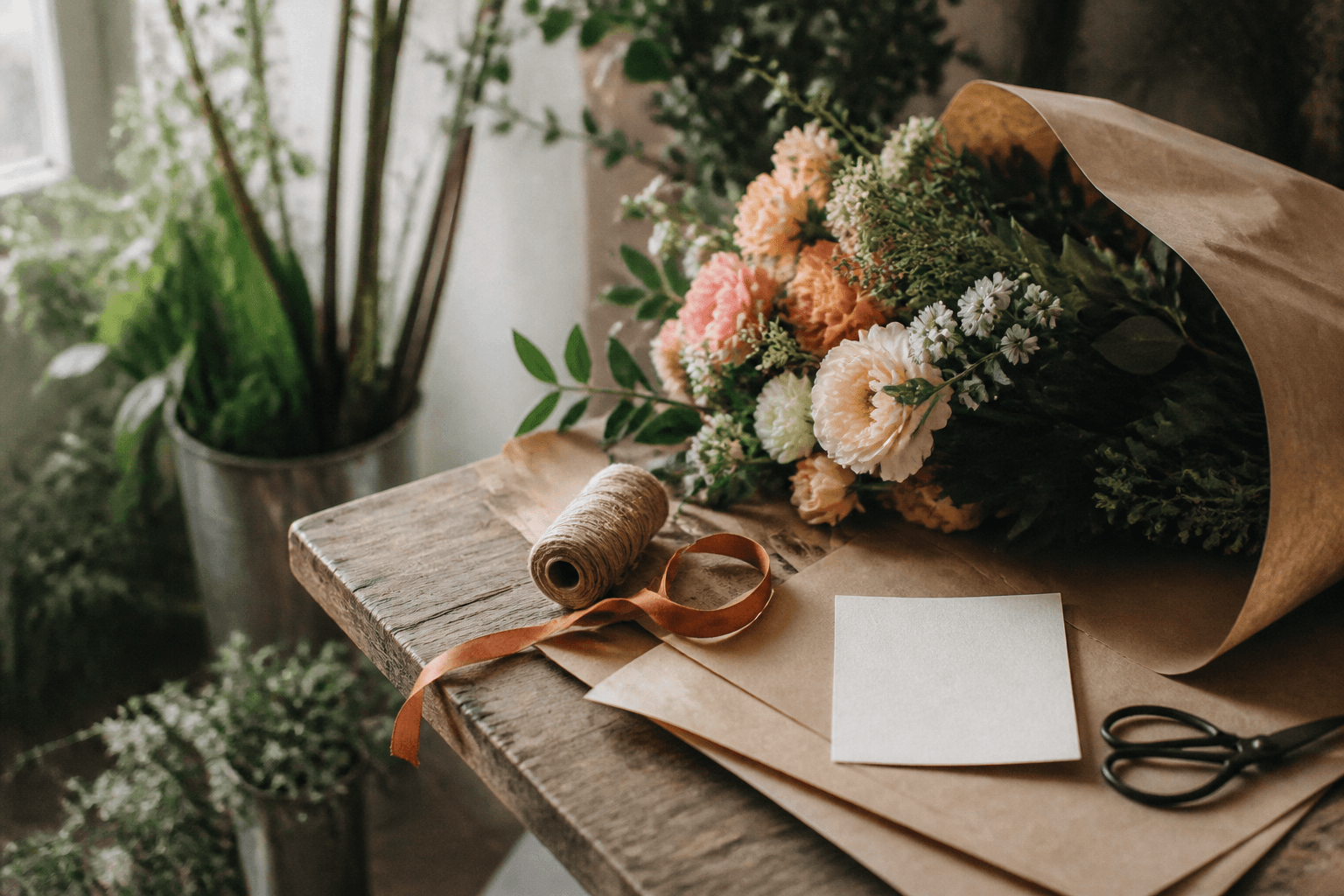 Flower stems, wrapping paper, and a delivery note arranged on a florist worktable