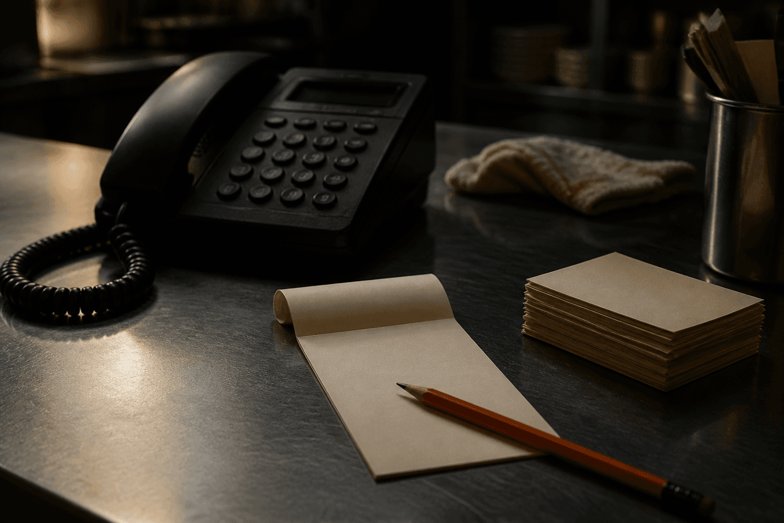 A restaurant phone, handwritten tally, and receipt used to examine missed calls