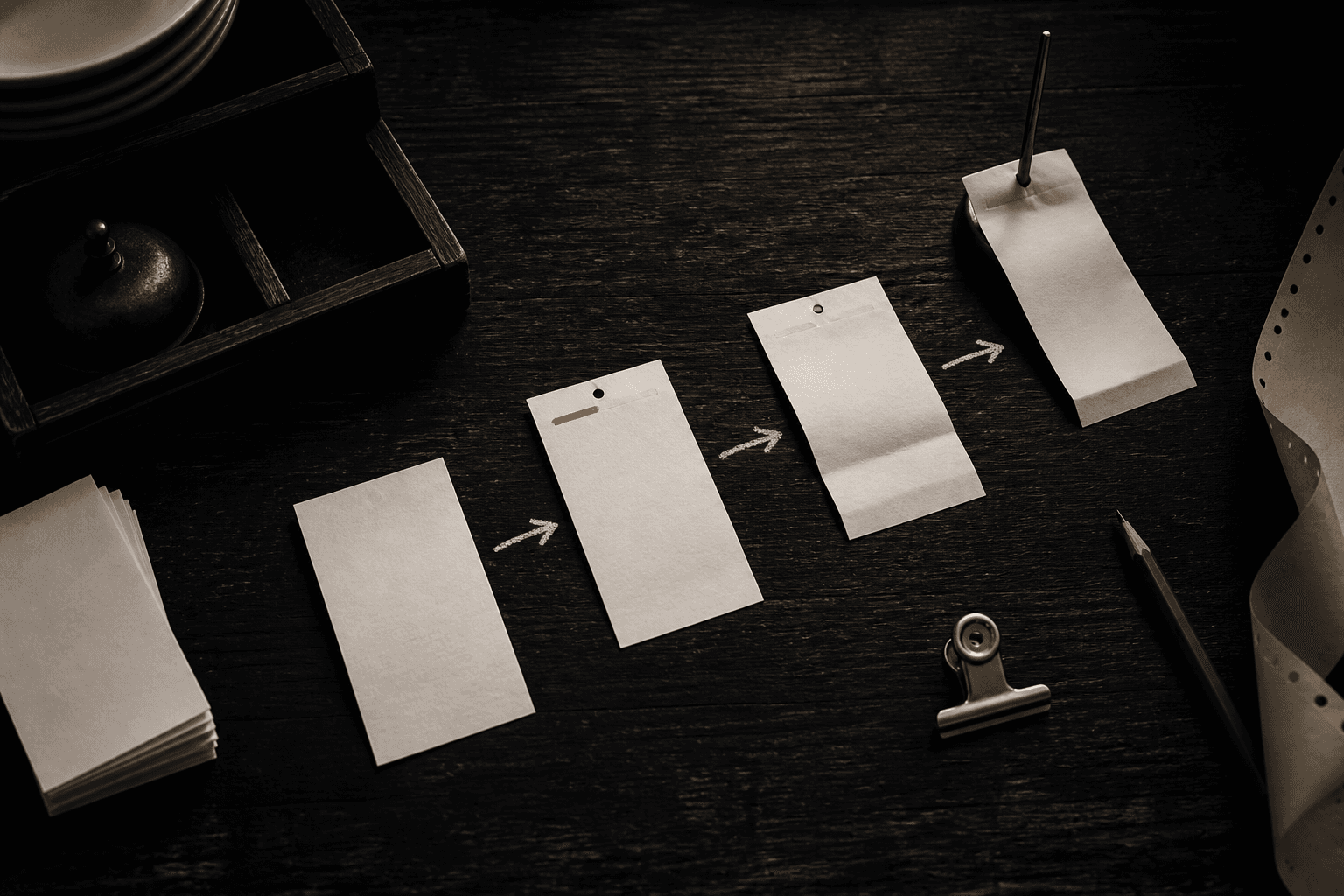 Order tickets and kitchen notes arranged as a simple restaurant workflow