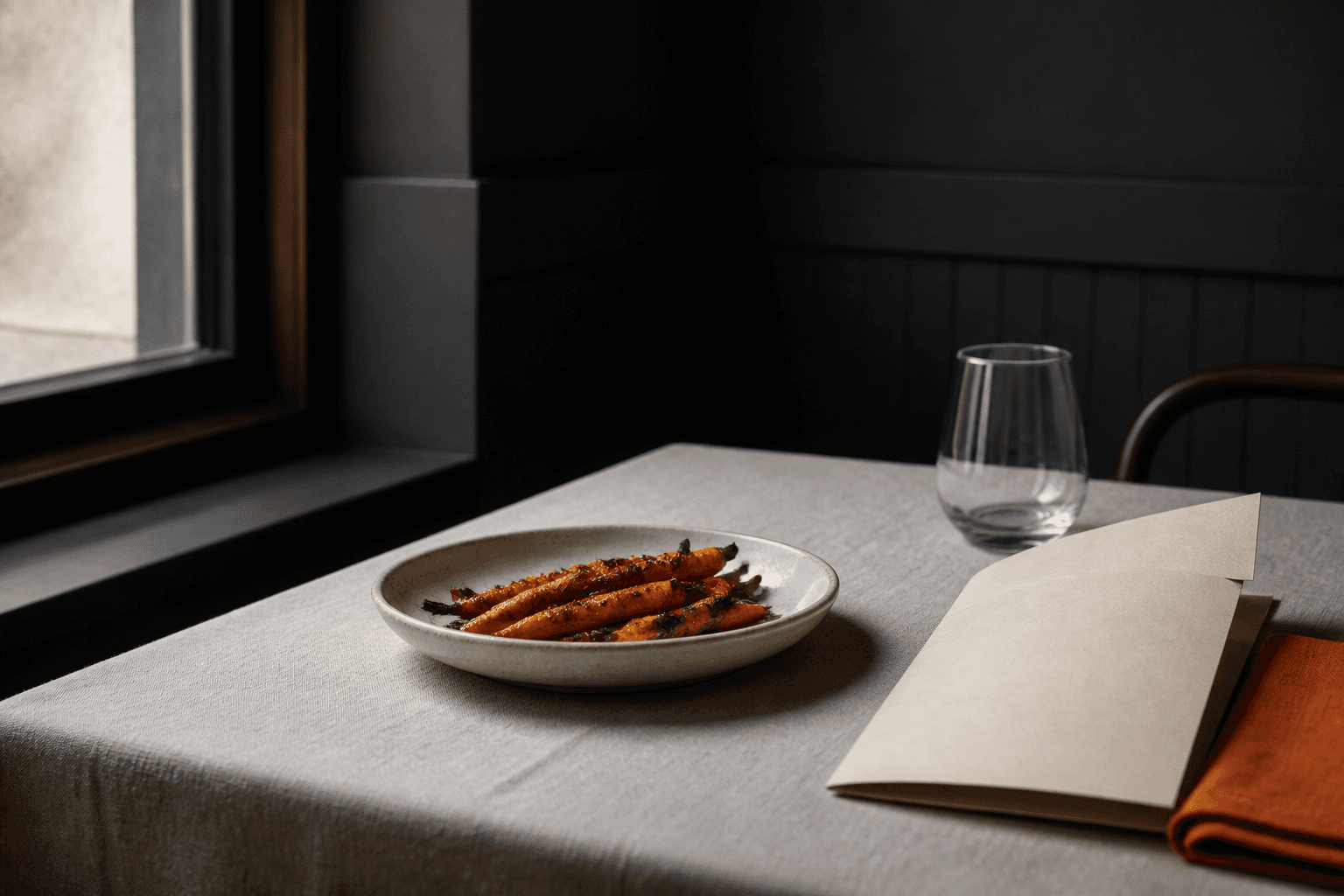 A single menu recommendation beside a restaurant order, photographed as an editorial still life
