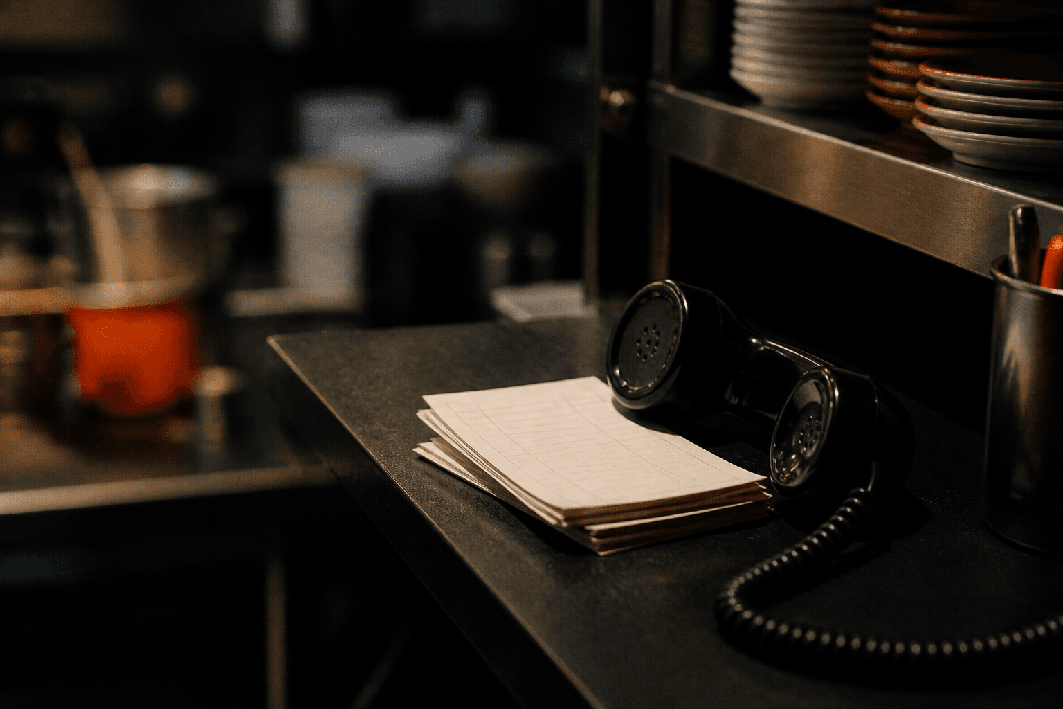 A restaurant counter during service with an order ticket ready for the next step